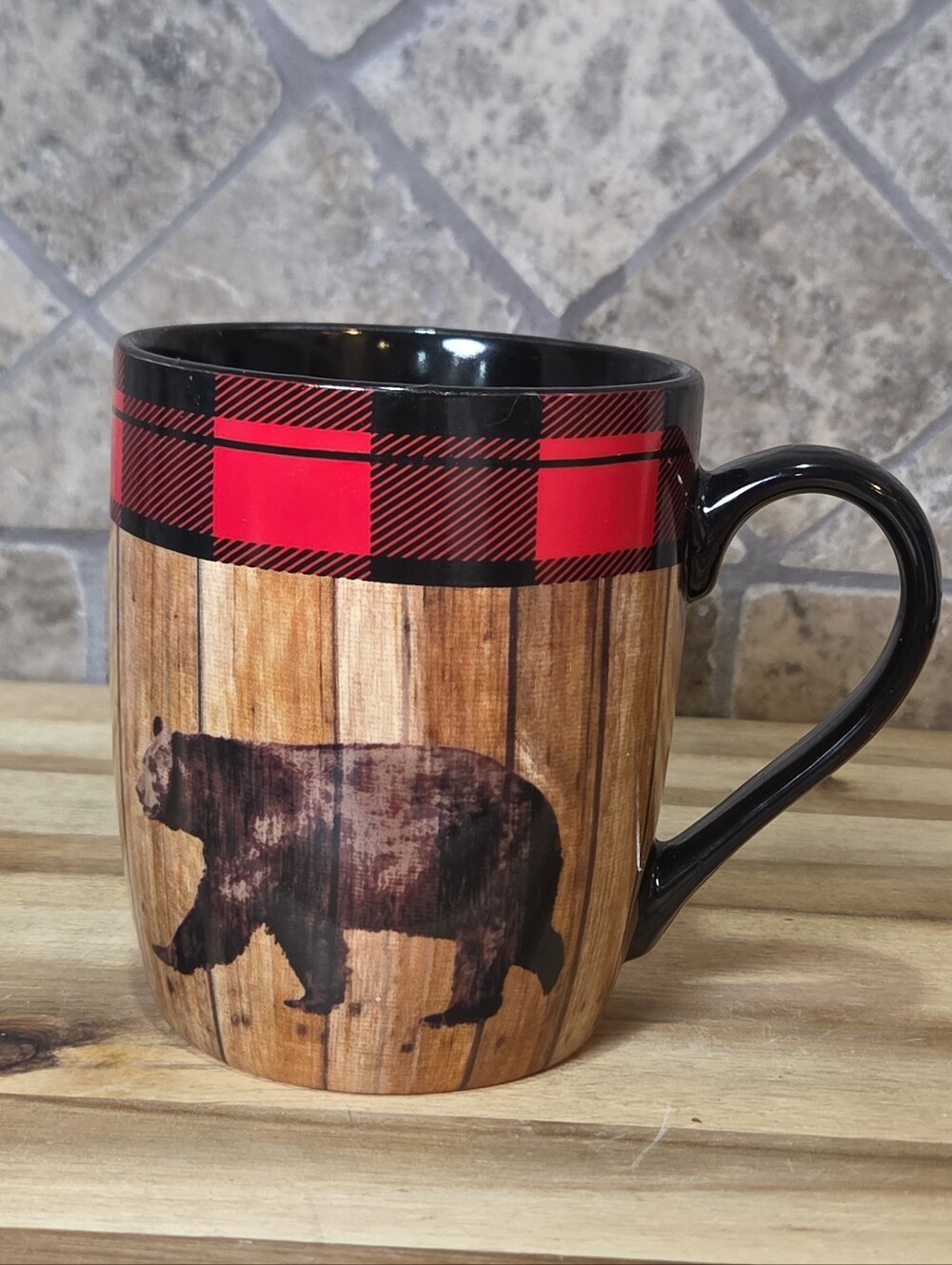 White River Home Mug Black Bear Bass Pro Shops 14oz Red Tartan